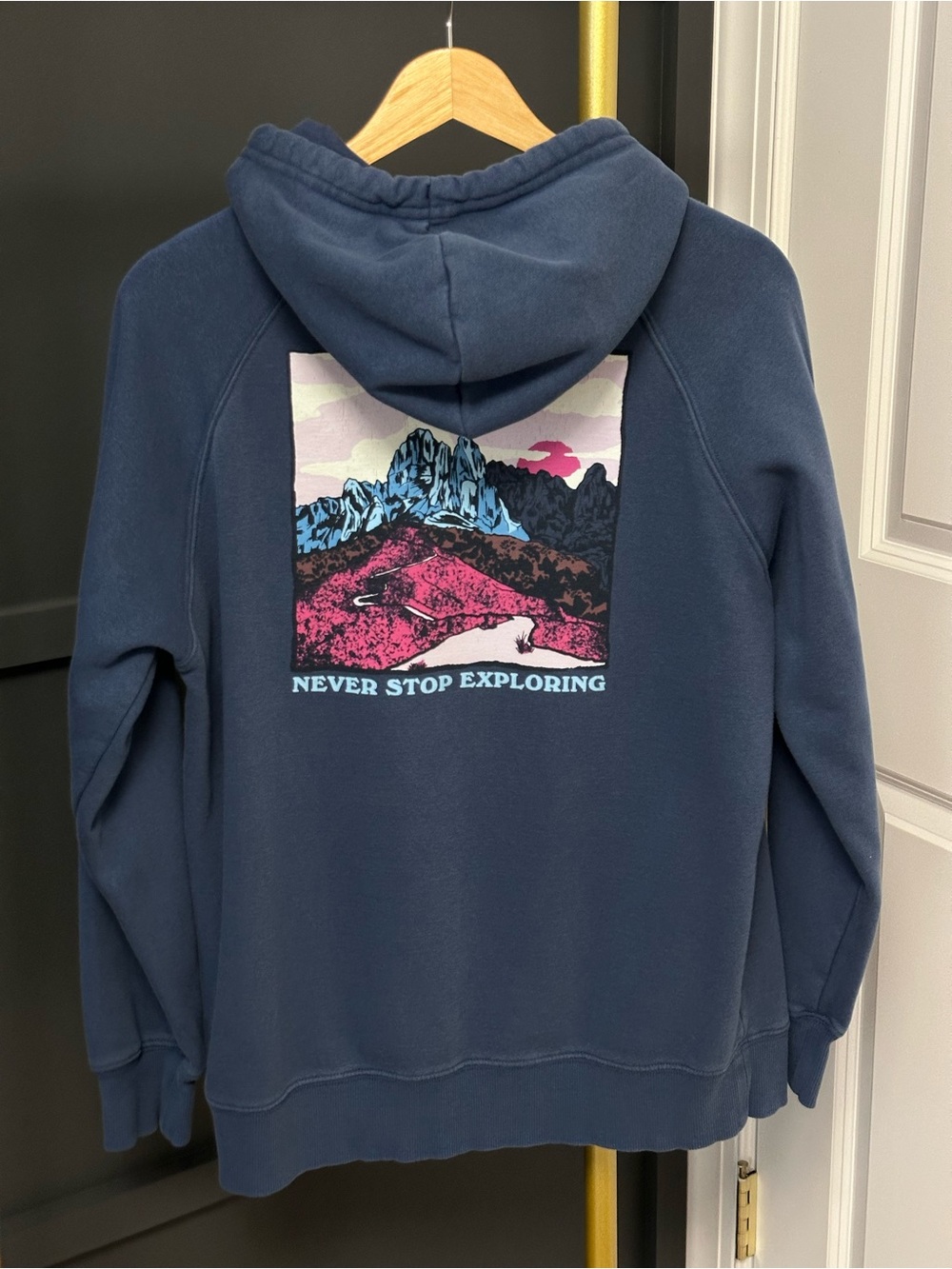 The North Face Navy Hoodie with Multicolor Mountain Graphic